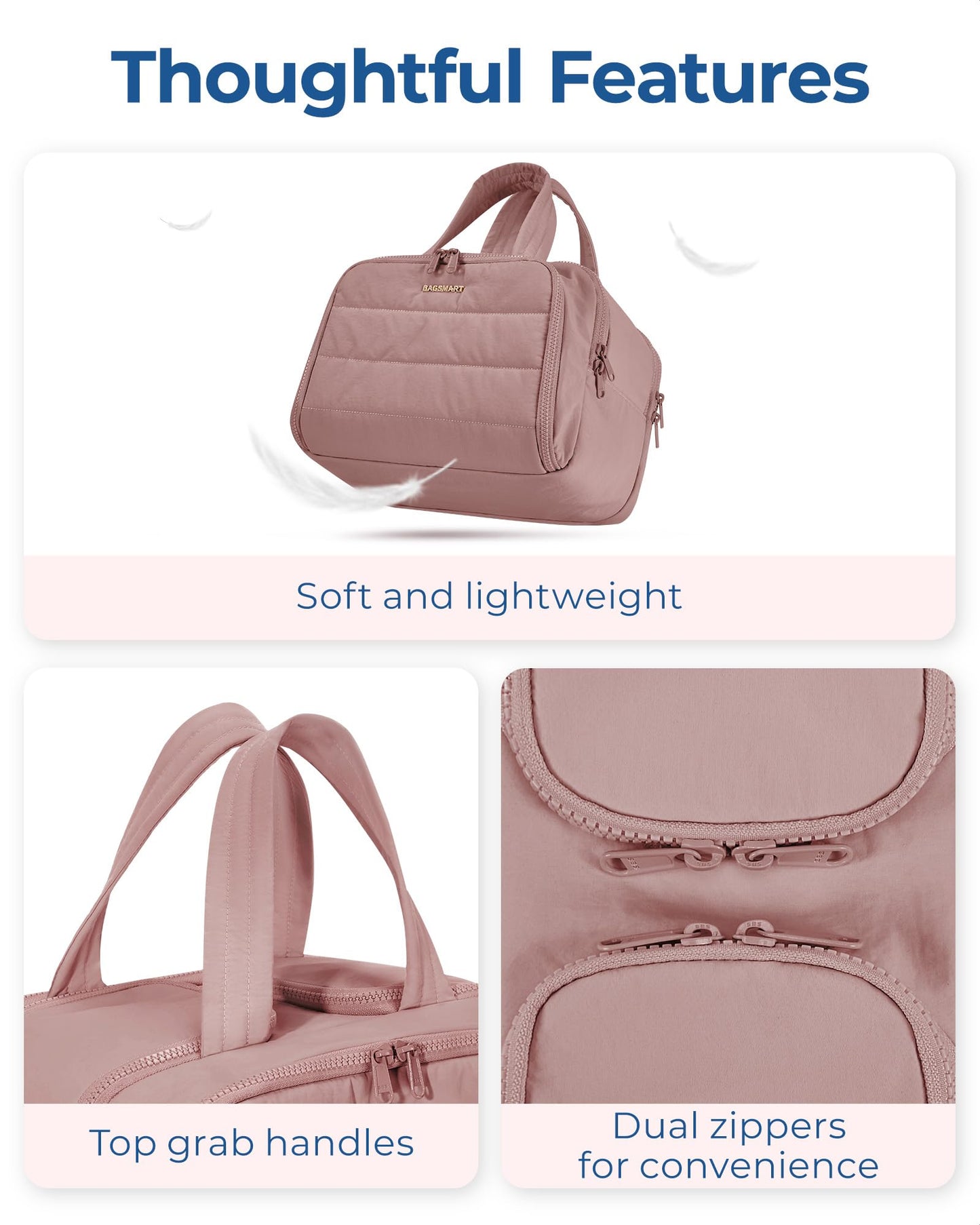 BAGSMART Travel Toiletry Bag, Lightweight Large Wide-open Travel Bag for Women, Puffy Cosmetic Makeup Bag Organizer with Handle for Accessories,Essentials, Toiletries, Dark Pink