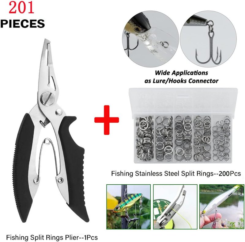 Fishing Stainless Steel Split Rings Set - 201pcs with 5 Sizes & Durable Plier Tool Kit