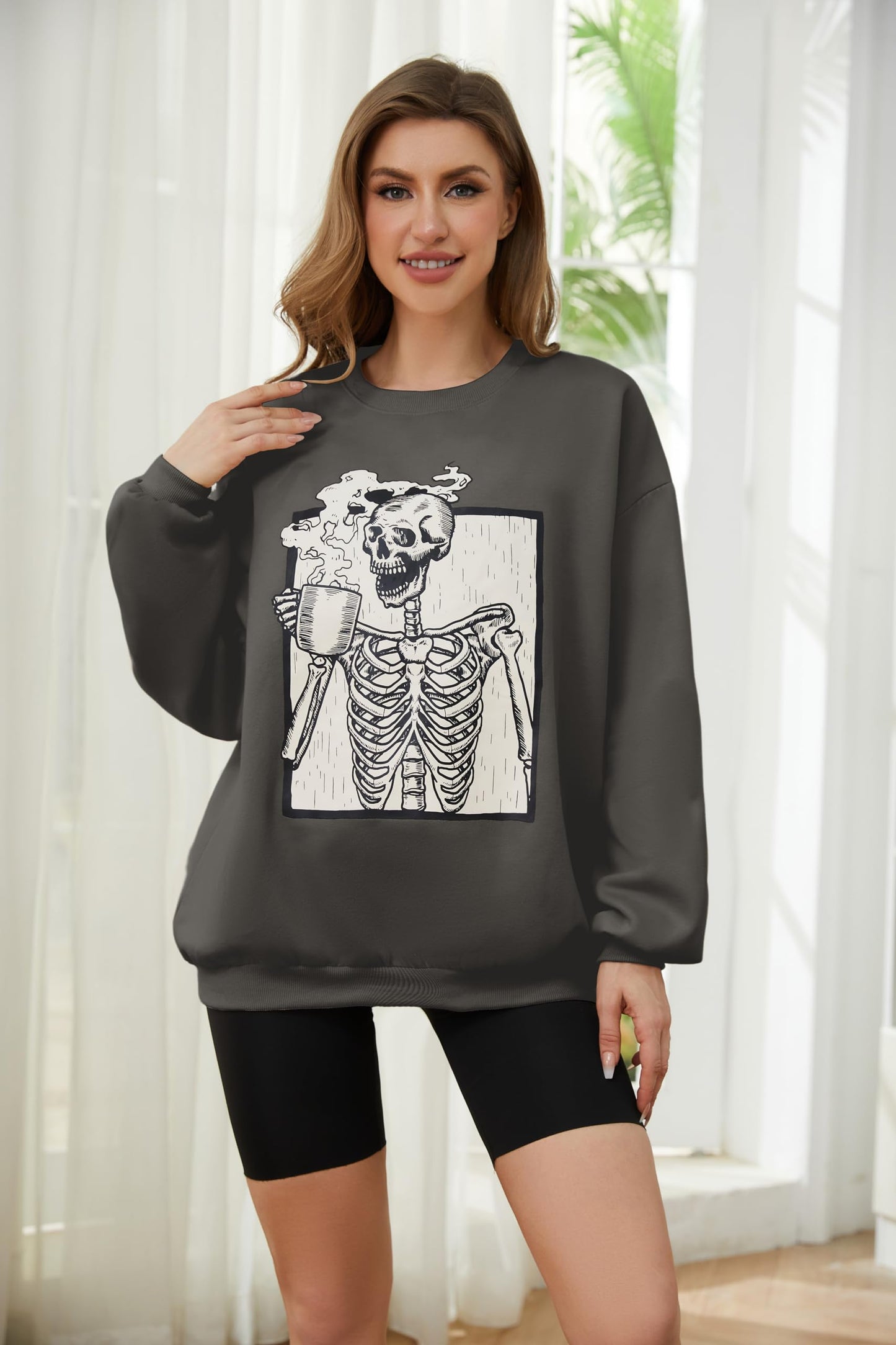Meladyan womens Halloween Skull Graphic Print Fleece Oversized Sweatshirt Crewneck Long Sleeve Drop Shoulder Pullover, Dark Grey, X-Large