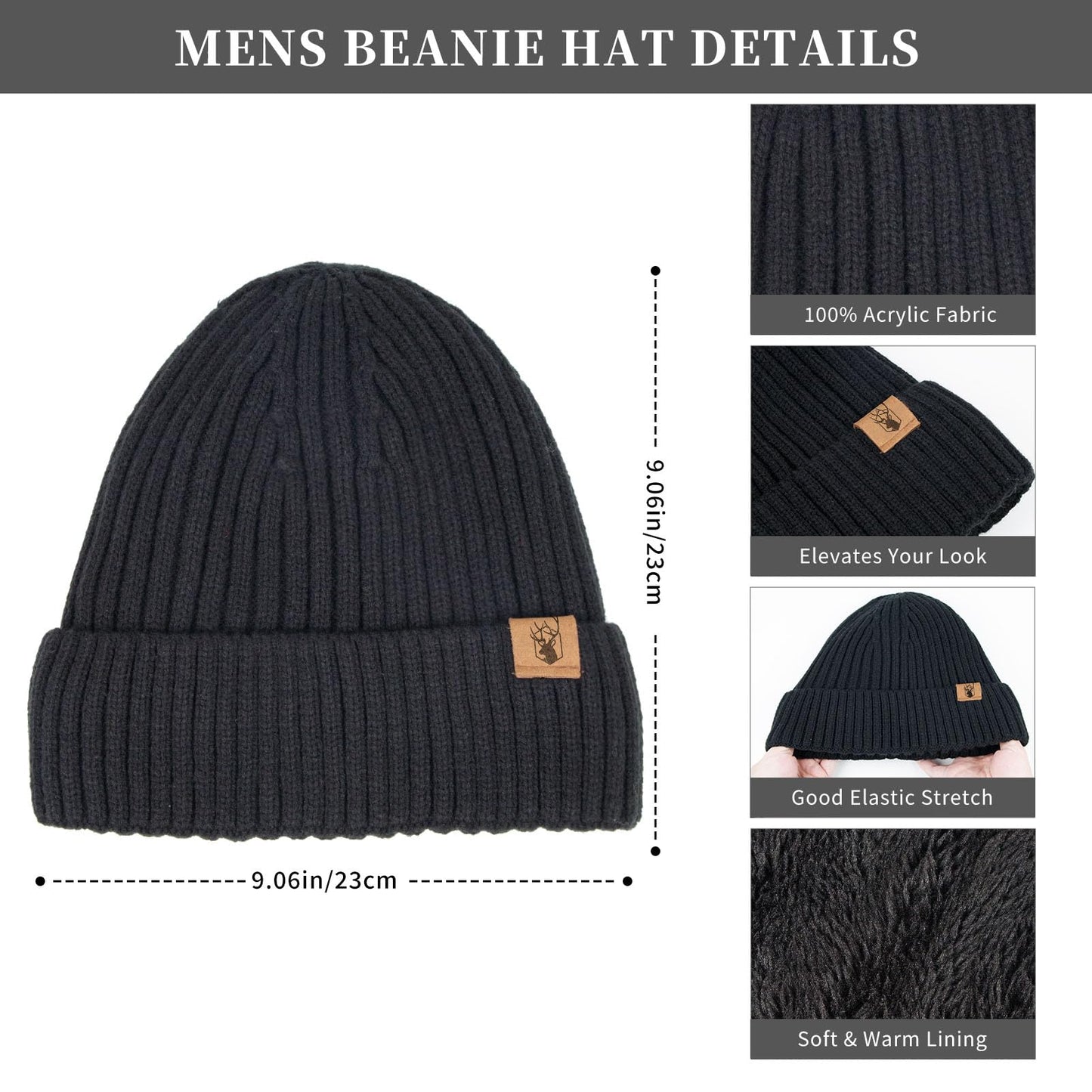 Winter Beanie Hats for Men Long Neck Scarf and Touchscreen Gloves Set with Fleece Lined Skull Caps Gifts for Men Black
