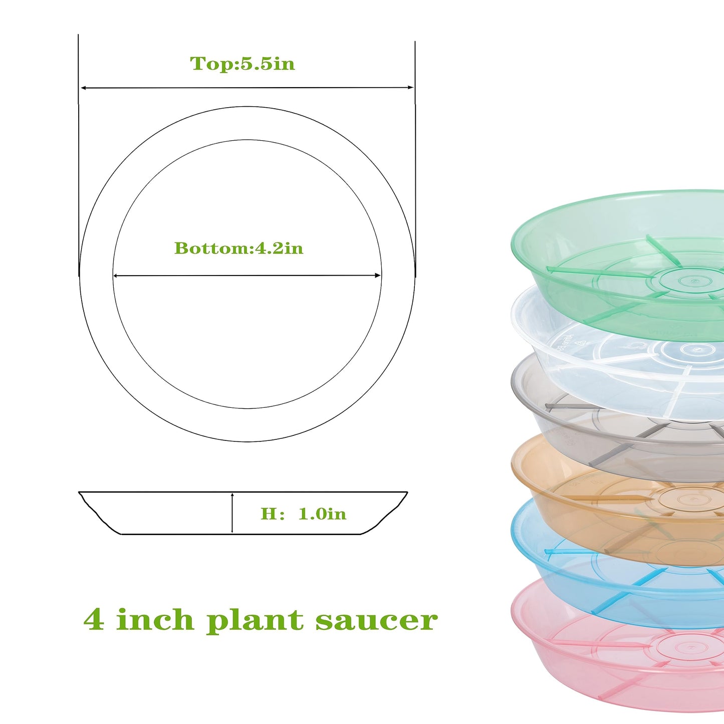 Afrine 6 Pack Plant Saucer Drip Tray, 4 5 6 8 9 10 12 14 16 18 inch, Heavy Sturdy Plastic Planter Flower Pot Saucers for Indoor Outdoor Garden, Plant Water Drip Trays for pots Base (4", Clear)