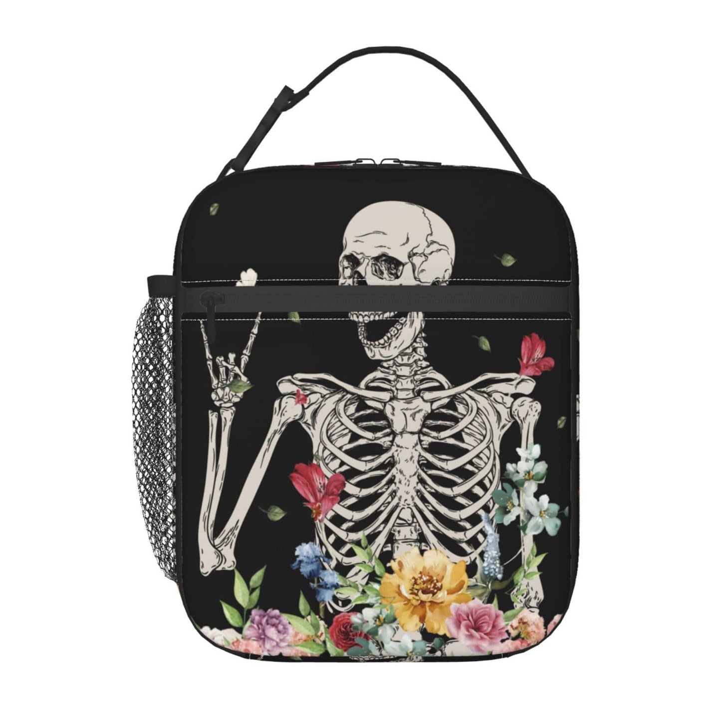 Gianlaima Skull Funny Skeleton Gothic Hippie Halloween Terror Rock Roll Flower Insulated Lunch Box For Women Man, Portable Lunch Bag Reusable Cooler Tote For Office Work Travel Picnic Camping Beach