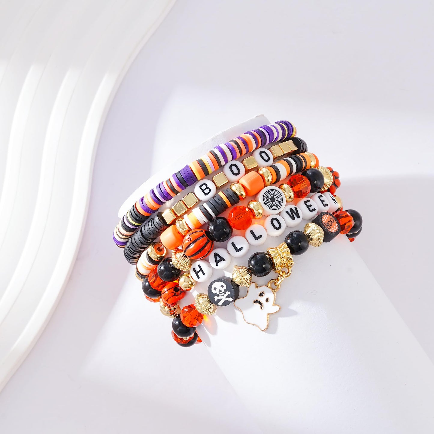 Pychee Summer Surfer Heishi Bracelet Set for Women Stackable Gold Plated Clay Ploymer Bead Stretch Pink Beach Layering Bracelets Jewelry (Style-B-Halloween1)