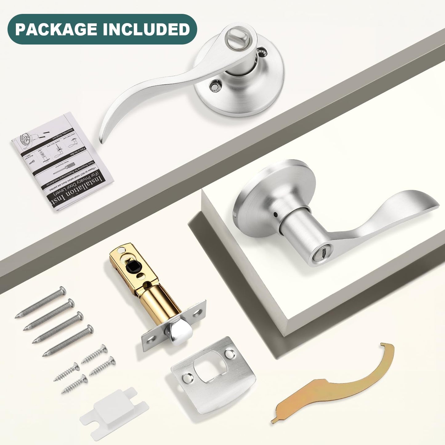 GOBEKOR 10 Pack Privacy Door Levers Bedroom Door Handle with Lock Satin Nickel Interior Door Handles Keyless Door Lock Wave Bed/Bath Lever