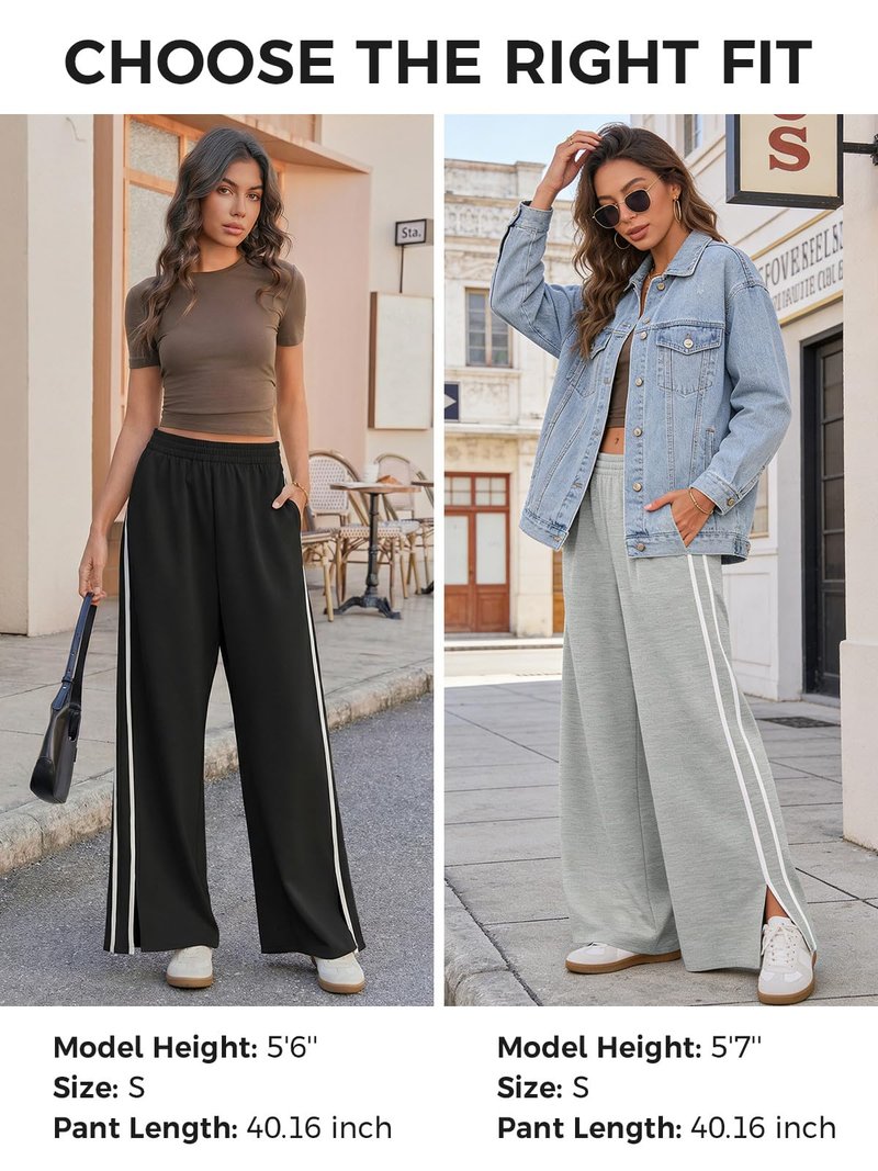 Fisoew Womens Wide Leg Pants Casual Baggy Elastic Waist Side Slit Contrast Stitch Loose Workout Sweat Pants with Pockets Black