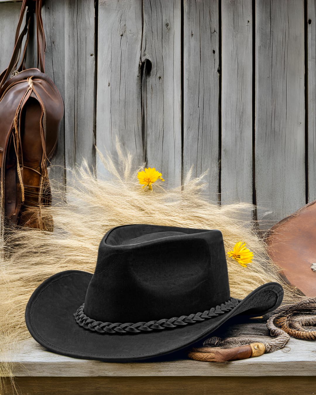 HADZAM Block Magnetic Gift Box Packed Grain Leather Cowboy hat for Men & Women Shapeable into Outback hat for Western Vintage Looks Black