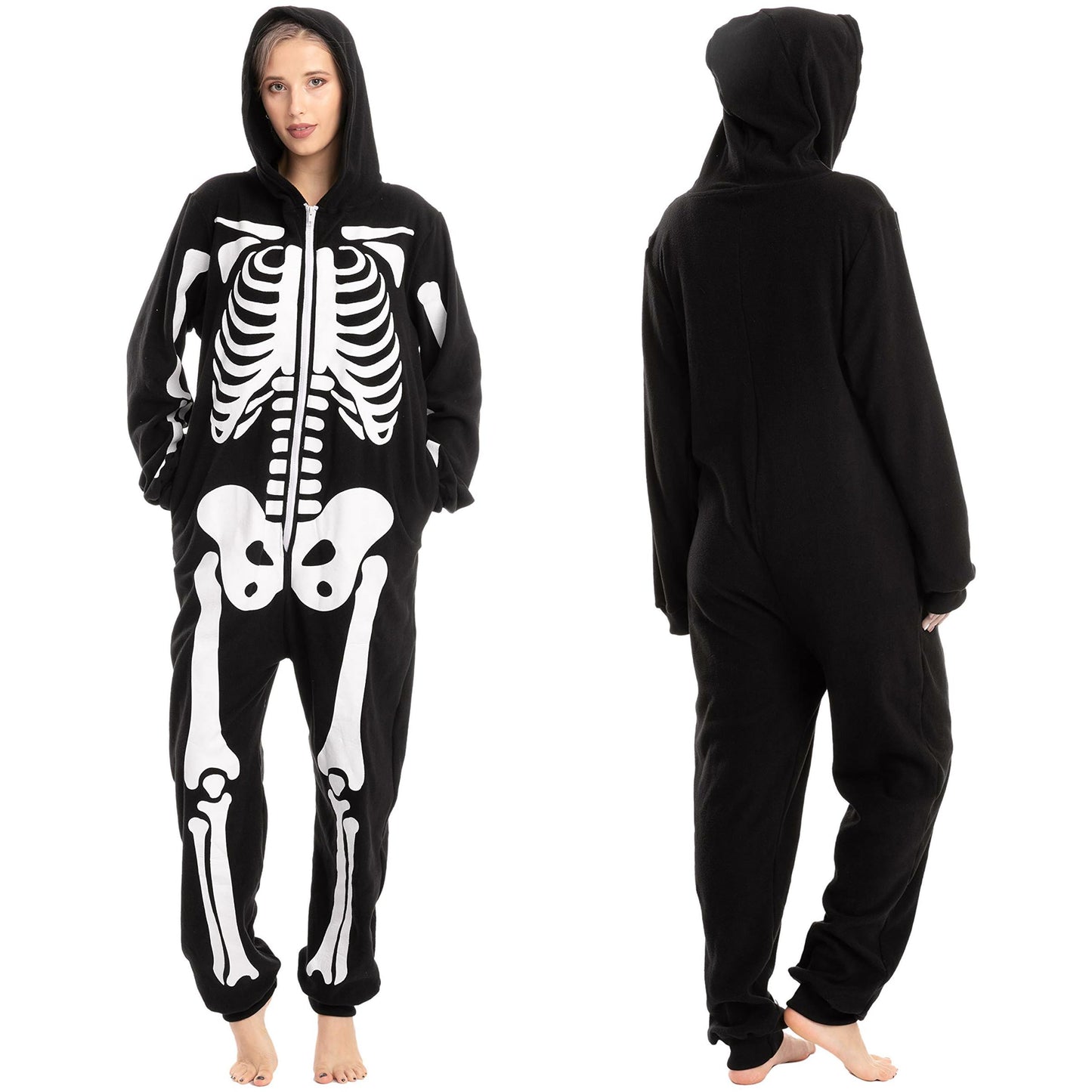 Spooktacular Creations Halloween Skeleton Pajama, Adult Skeleton Costume, Unisex Adult Jumpsuit Plush Hoodie, One-piece Zipper Pajama for Men Women Halloween Dress-up Cosplay Costume Themed Parties