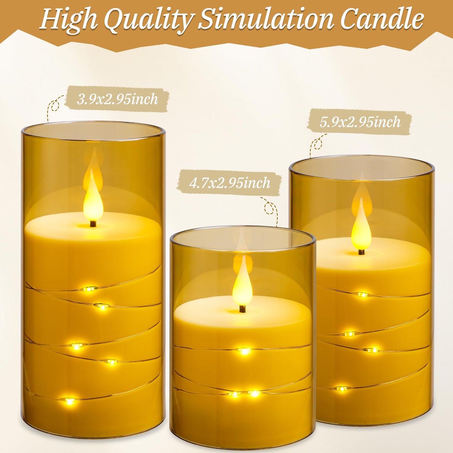 Kiexung Flashing Flameless Candles with String Light, Battery Powered Candle, Recessed String LED Candles, Indestructible Plexiglass Candle with Remote Control, Set of 3, Amber