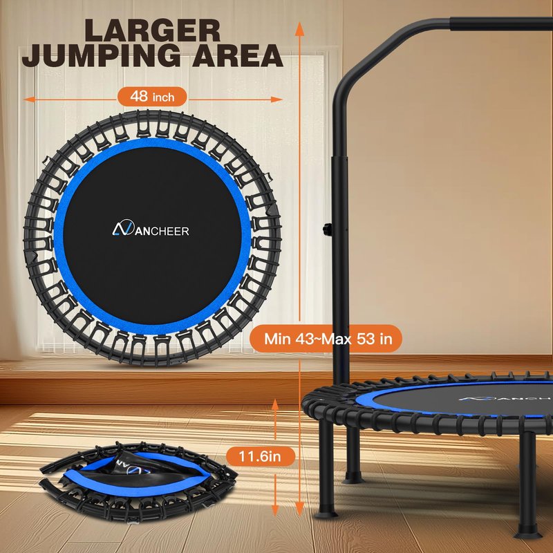ANCHEER 48" Foldable Rebounder Trampoline for Adults/Kids with Resistance Bands and Bungees, Indoor & Outdoor Mini Trampoline with Bar and Safety Padding - Max Load 450lbs (Blue)