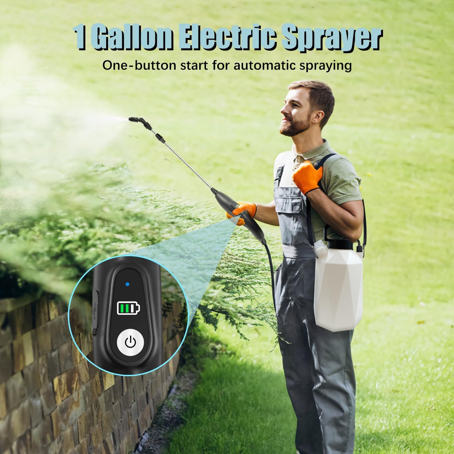 Battery Powered Garden Sprayer, 1 Gallon Electric Sprayer in Lawn with USB Rechargeable Handle, Retractable Wand, 3 Mist Nozzles, Yard Water Pump Sprayers with Adjustable Shoulder Strap for Gardening