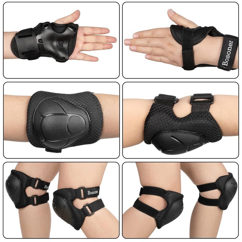 BOSONER Basic Kids Protective Gear: Kids Knee Pads and Elbow Pads with Wrist Guards Set for 3-15 Years - Design for Roller Skates, Cycling, BMX Bike, Skateboard, Inline Skating, Scooter Riding Sports