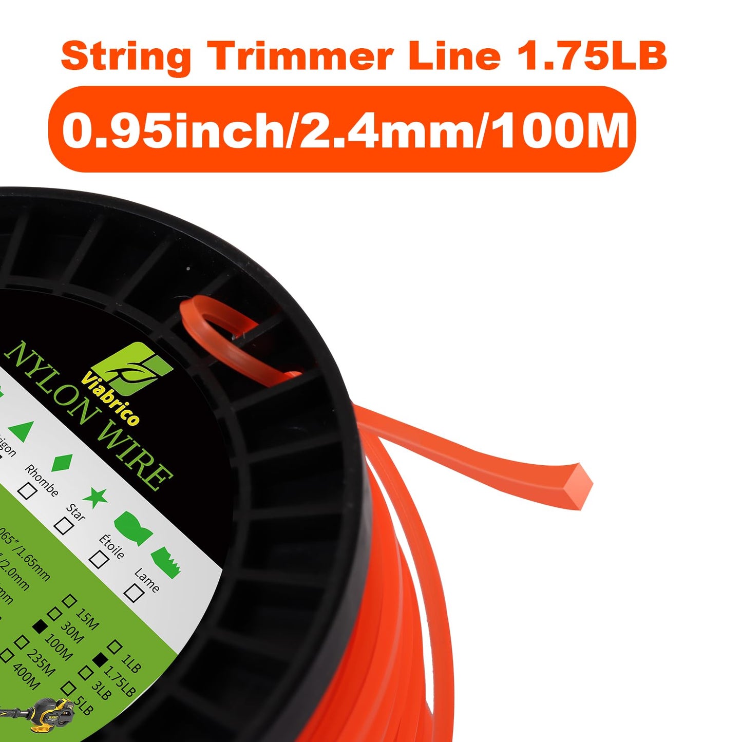 Viabrico String Strimmer Line Heavy Duty 2.4mm, strimmer Wire for Petrol strimmer, 2.4mm-100M-1.7lb-Spool