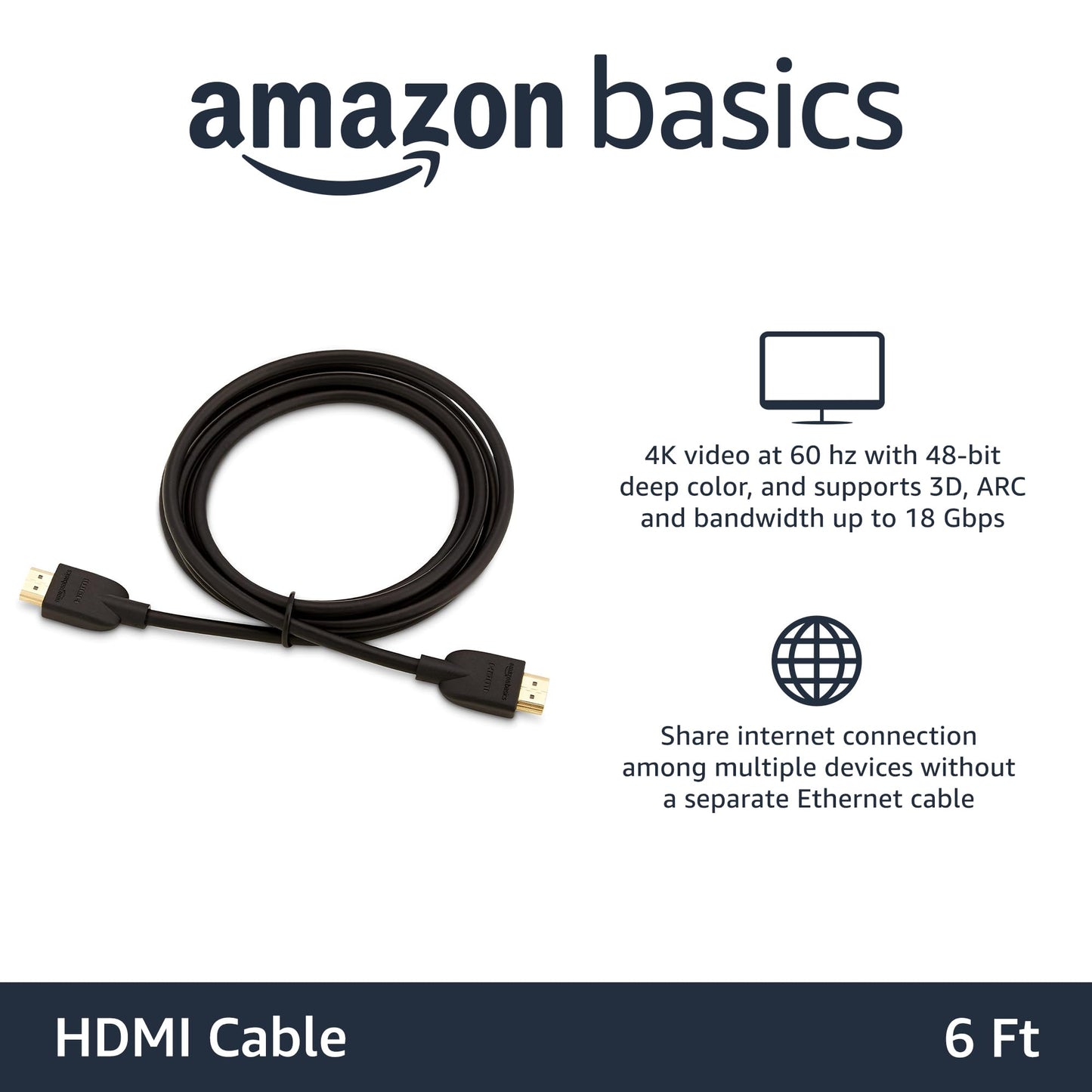 Amazon Basics HDMI Cable, 6ft, 4K@60Hz, High-Speed 4K HDMI 2.0 Cord (18Gbps), 2160p, 48 bit, Compatible with TV/PS5/Xbox/Roku, Black