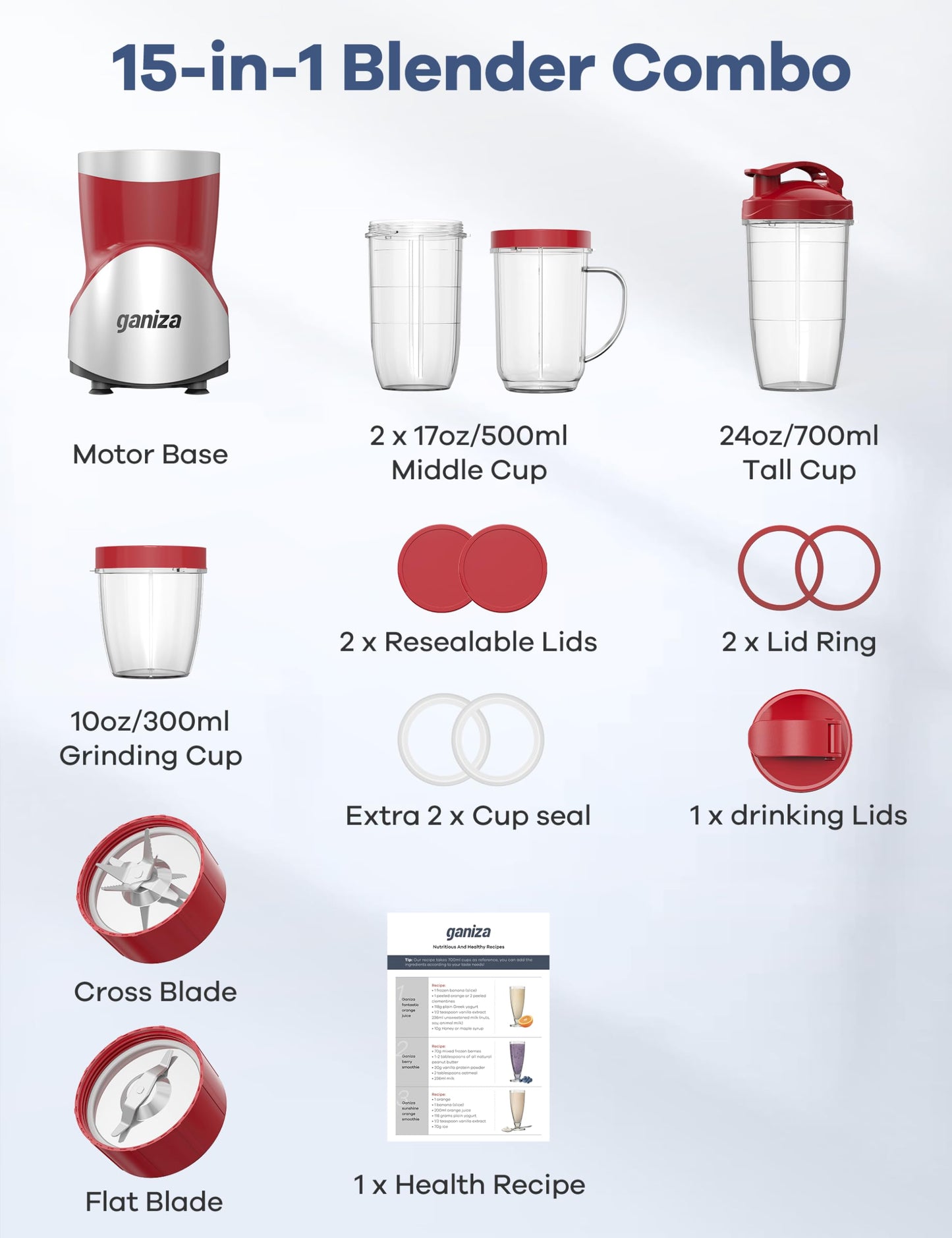 Ganiza Smoothie Blender, 900W Blenders for Shakes and Smoothies, 15-Piece Personal Blender and Grinder Combo for Kitchen, Smoothies Maker with 4 BPA-Free Portable Cup, Nutritious Recipe