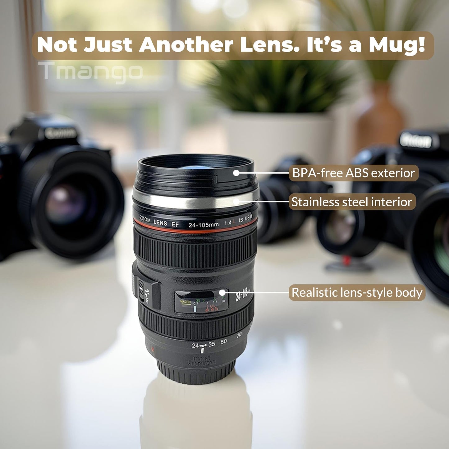 Tmango Camera Lens Coffee Mug with Clear Lid β Unique Realistic Lens Cup Replica, Gift for Photography Lovers