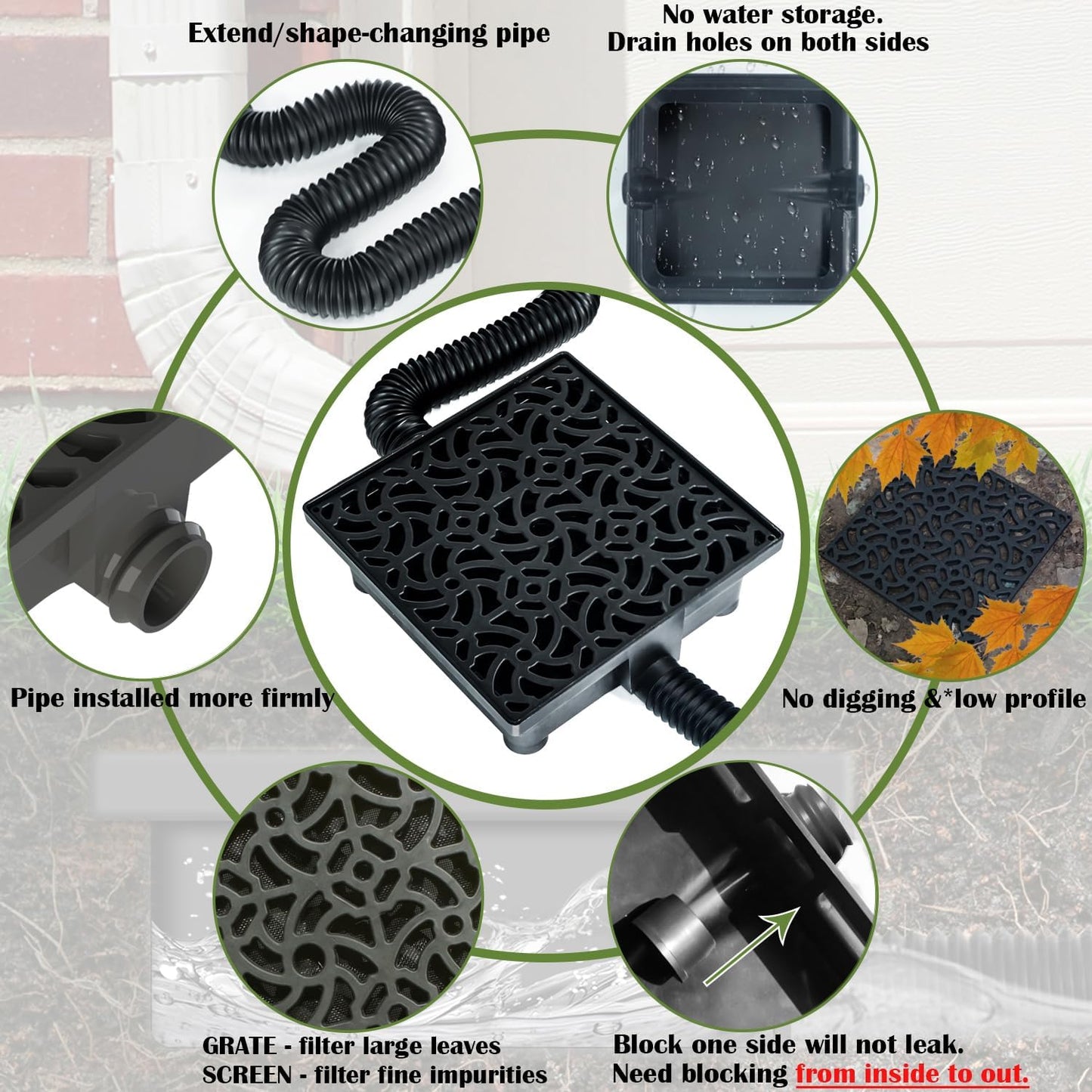 Gutter Downspout Extensions Big Kit, Catch Basin + 2pcs Pipes, Low Profile Downspout Extender - Each Flexible Pipe is 8.2ft - can be Connected into a Whole. Protect Foundation.(Black)