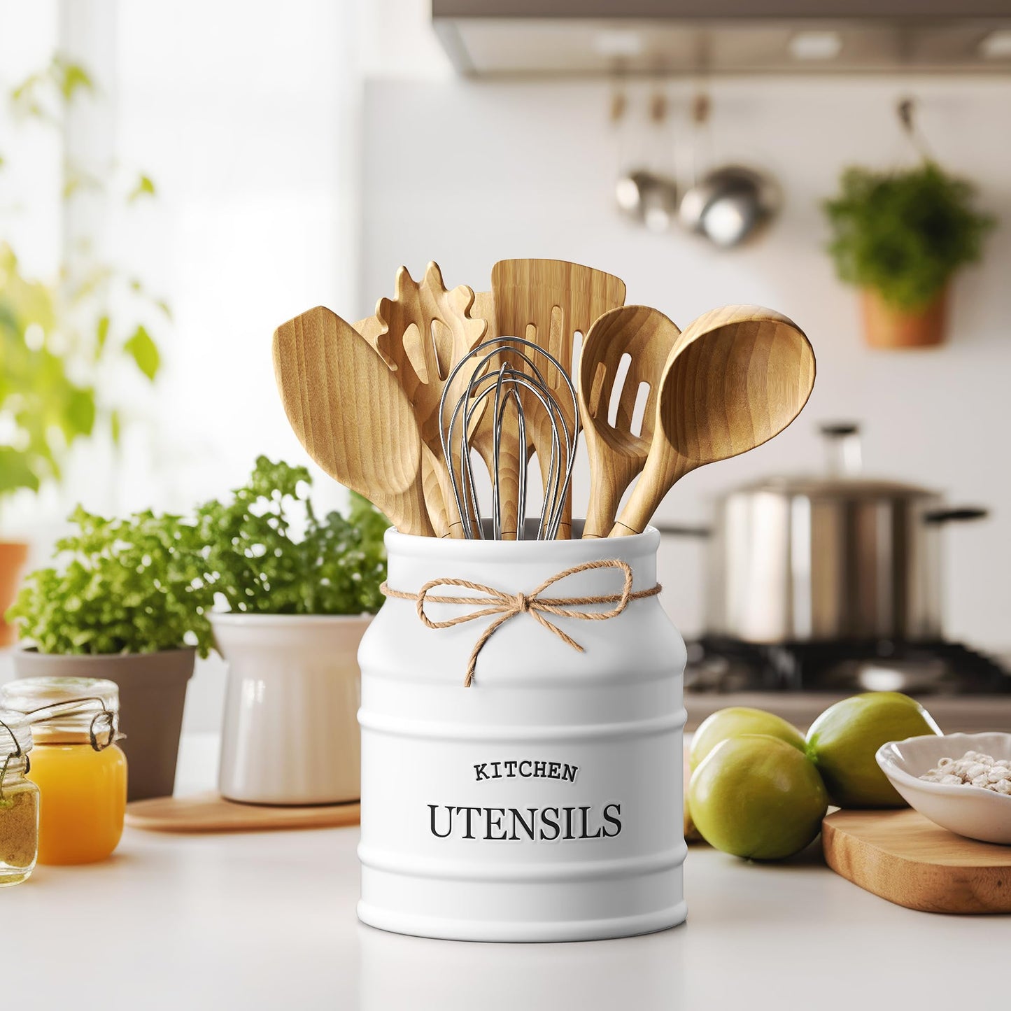 Barnyard Designs Ceramic Farmhouse Utensil Holder for Kitchen Counter, Large Rustic Utensil Crock, Countertop Cooking Tool Spatula Organizer, 6.75” (White)