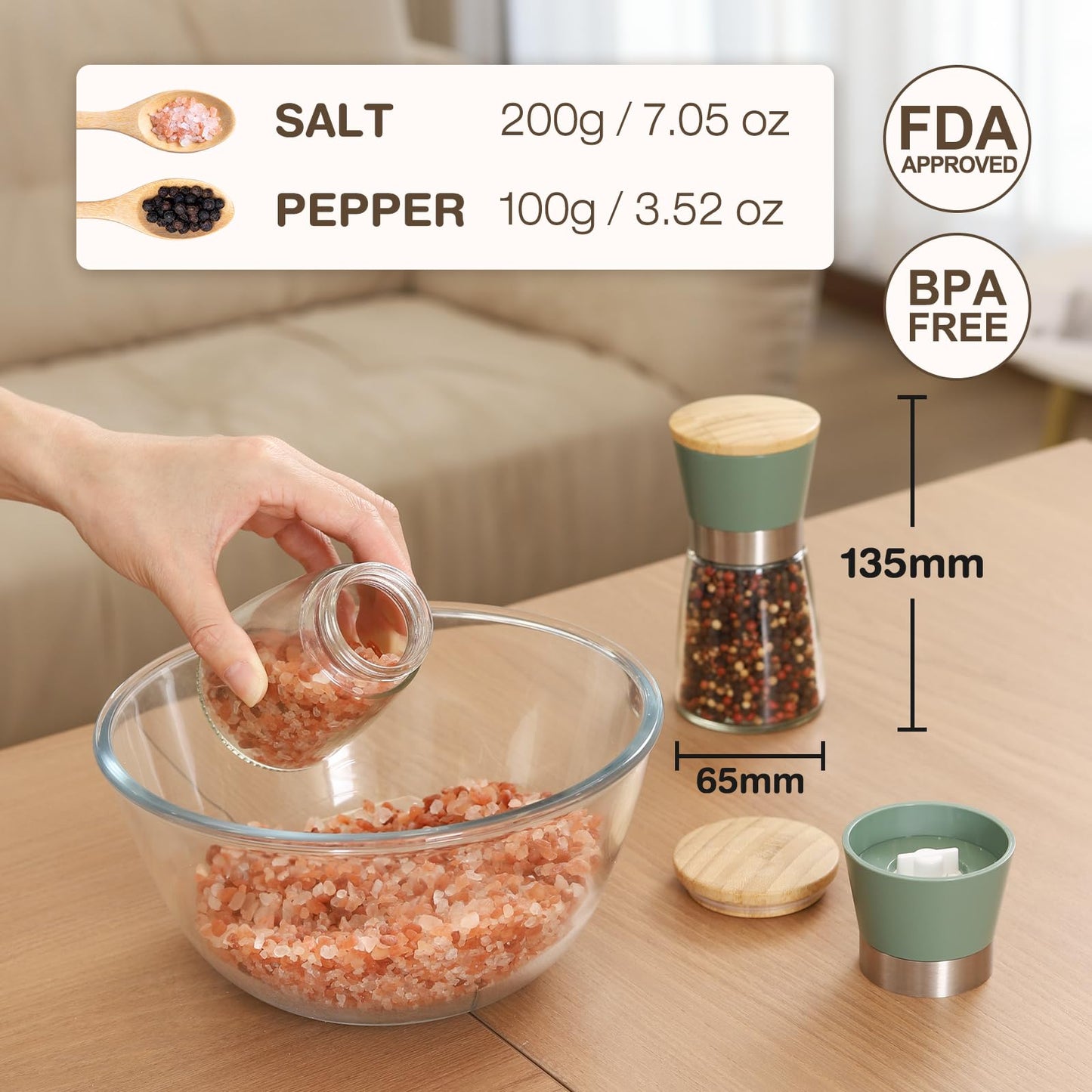 Vucchini Salt and Pepper Grinders 2 Set with Ceramic Core Cinnamon,Adjustable Coarseness,Green,Bamboo,Spice Mills,Home Kitchen Birthday,Housewarming Gifts