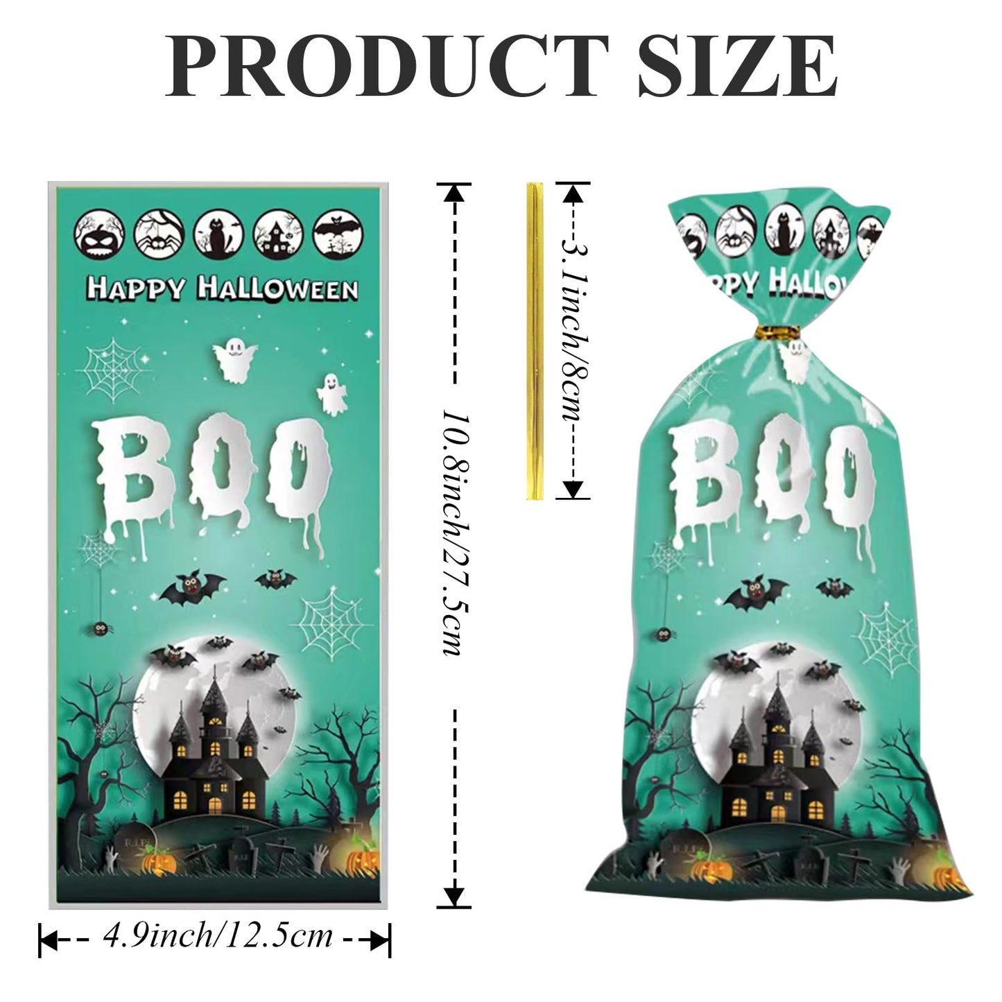 Halloween Treat Bags | 50 pcs (4.9” x 10.8” Inch) | Cellophane Candy Bags with Fun Scary Designs | Pumpkins, Witches Cello Bags | Halloween Party Decorations, Spooky Treat Bags