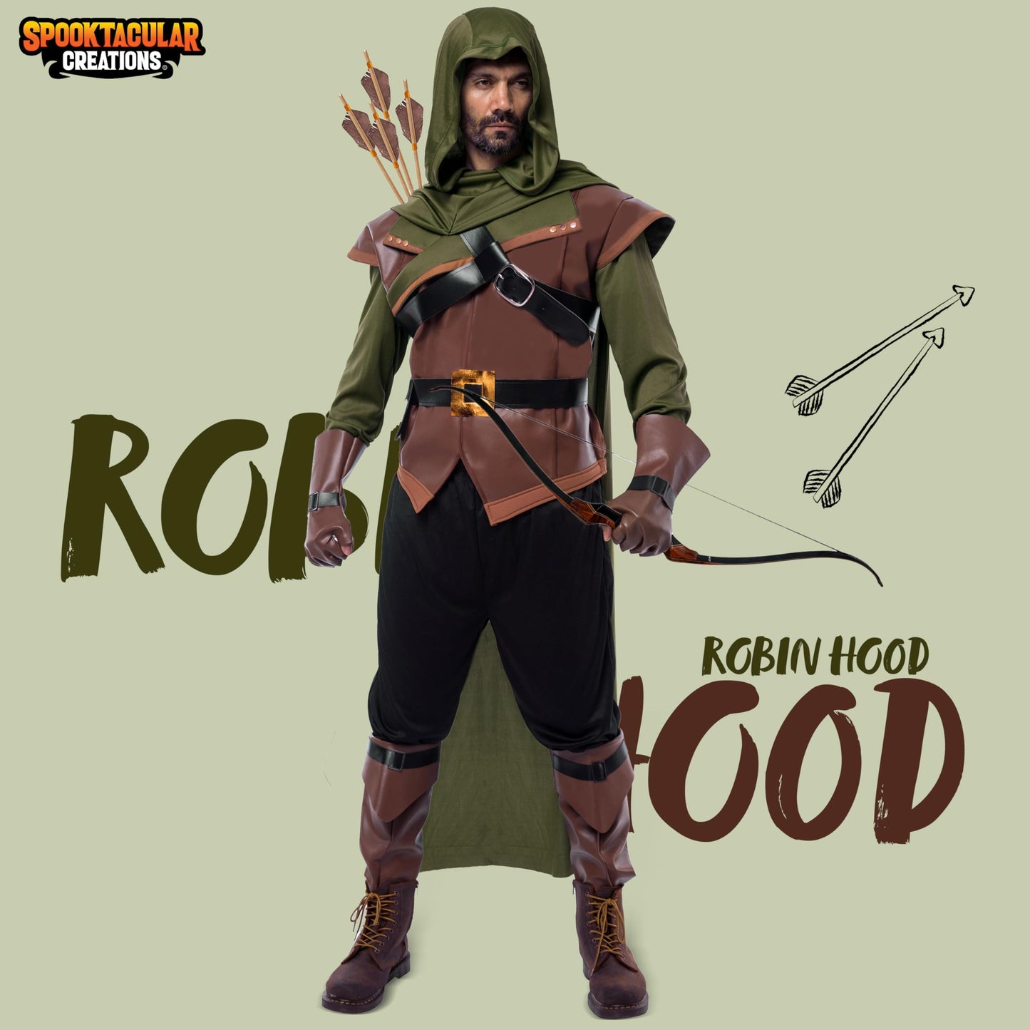 Spooktacular Creations Halloween Robin Hood Costume Men, Green Renaissance Costume Men for Halloween Dress Up Party Cosplay, Cosplay Role Playing Theme Party (Large)