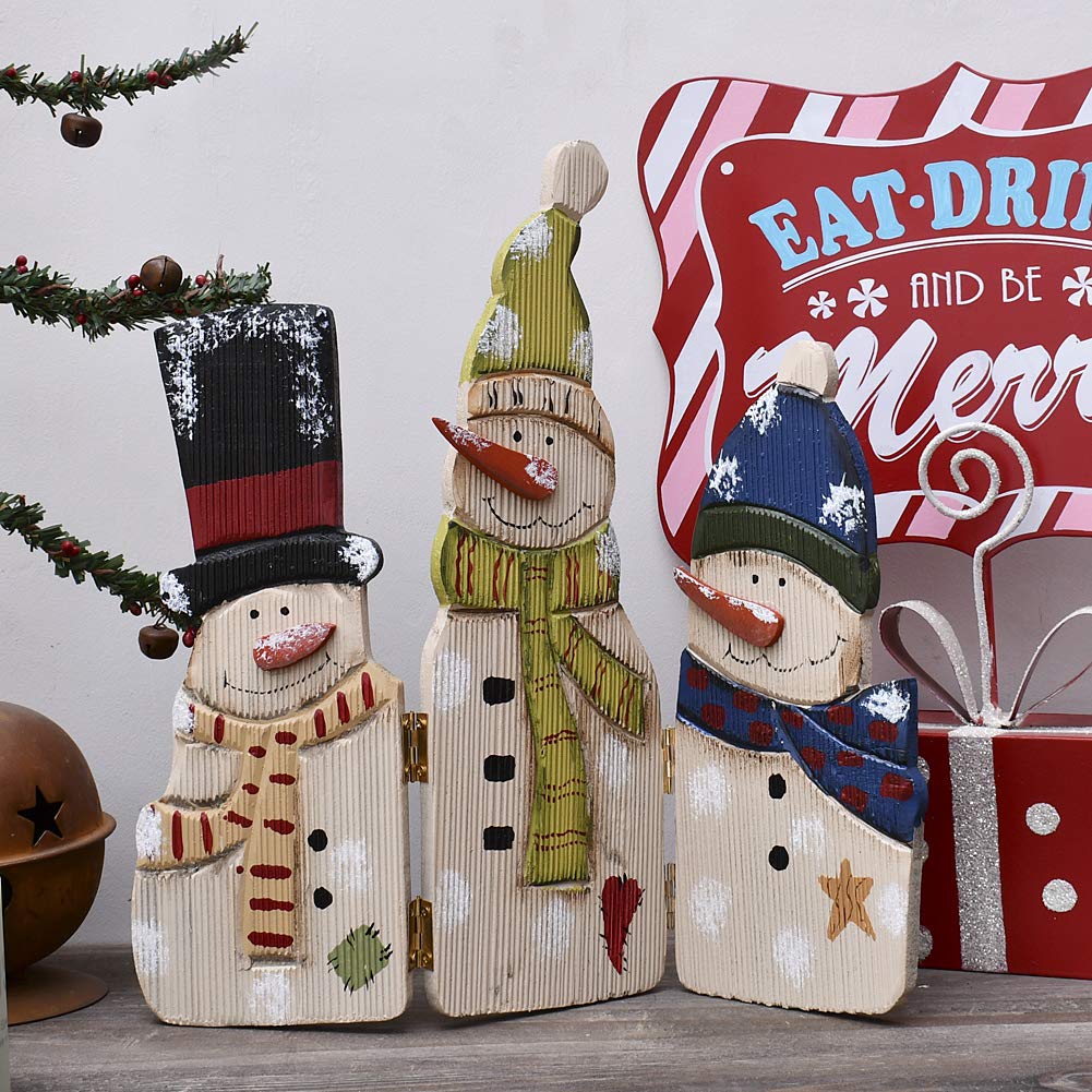 E-view Christmas Decorations Wood Snowman Sign Holiday Xmas Home Decor Wooden Folding Triple Snowmen Screen Rustic Decorative Ornaments for Table Top Fireplace (Snowman)