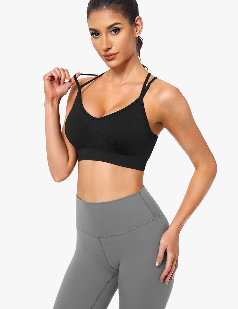 WANAYOU Sports Bras for Women, Cross Back Strappy Medium Impact Sports Bras Padded Wireless Seamless Spaghetti Strap Workout Bra for Athletic Exercise Fitness 3 Pack Black White Navy Blue Large
