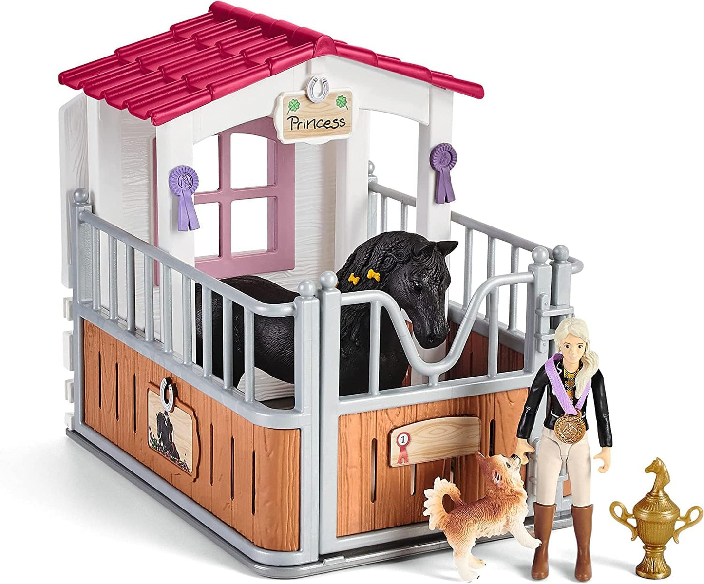 SCHLEICH Horse Club - 26 PC Tori and Princess Horse Toy Stall Playset with Dog Figurine and Accessories - Realistic, Posable Rider Figure and Pony Toys for Girls and Boys - Kids Ages 5+ - 42710