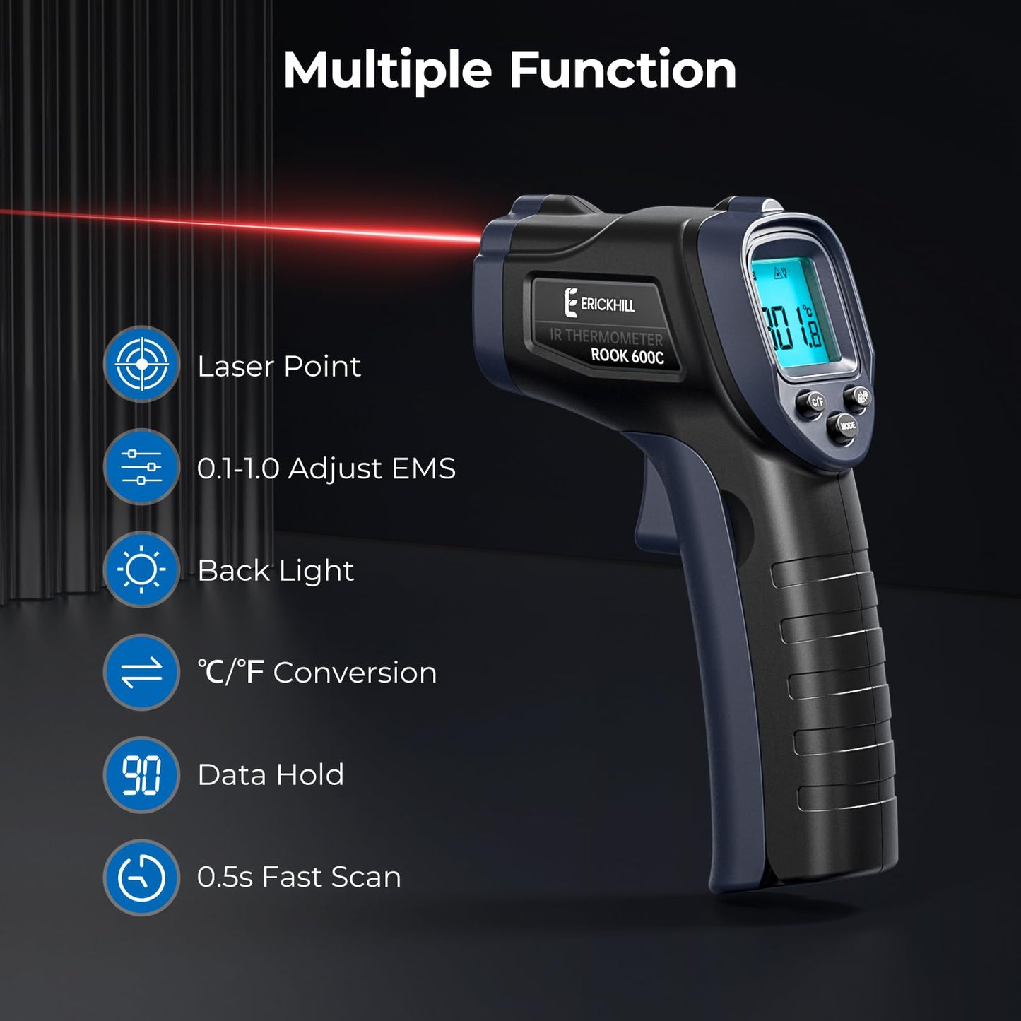 ERICKHILL Infrared Thermometer -50℃~600℃ Compact Size Non-Contact Laser Thermometer Gun LCD Backlit Digital Display Adjustable Emissivity - for Vehicle Repair/Cooking/BBQ/Freezer/Food, Black Blue