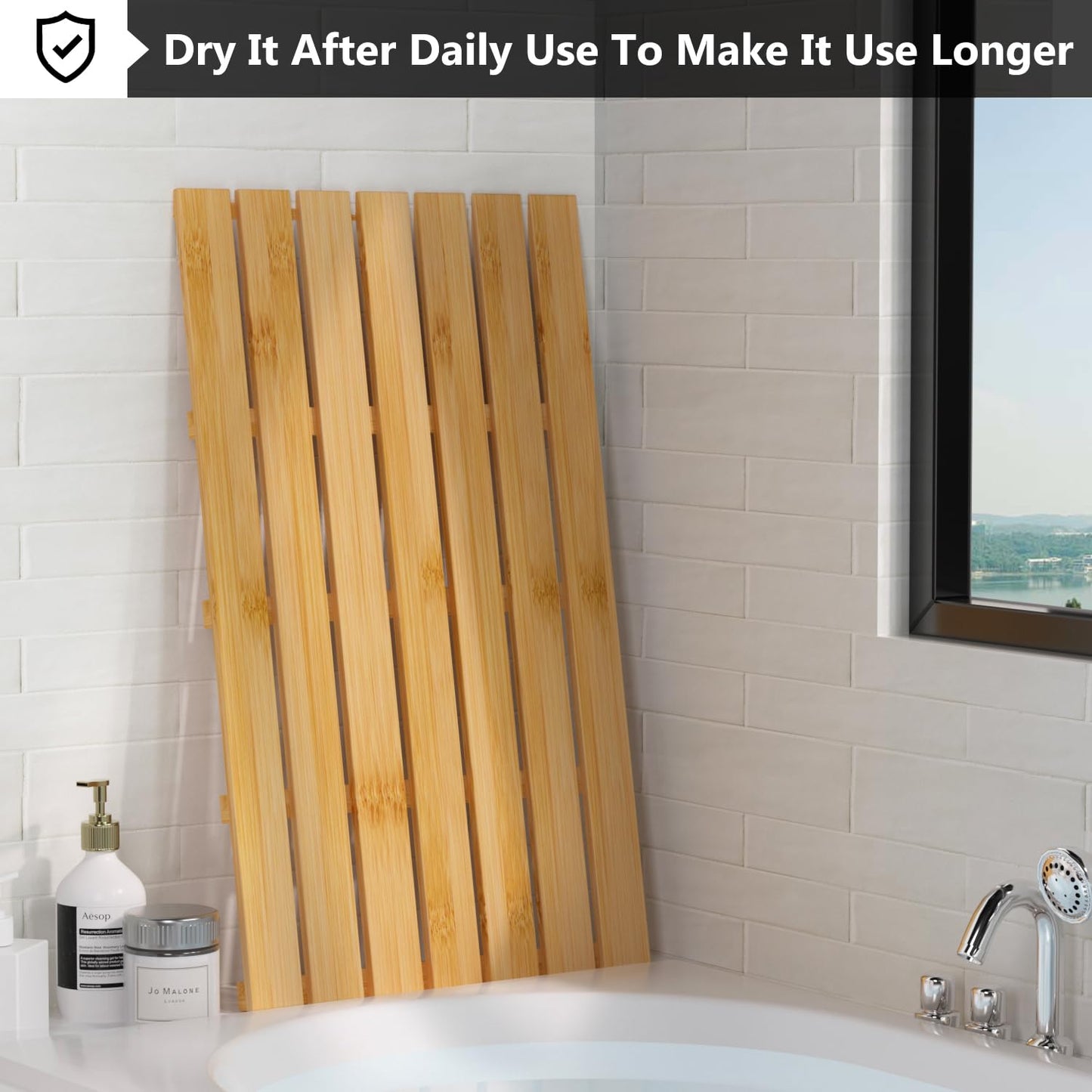 Domax Wooden Bamboo Bath Shower Mat- Non-Slip Waterproof Large Bathroom Floor Mat for Indoor Outdoor (Natural, 31.3 x 18.1 x 1.5 Inches)