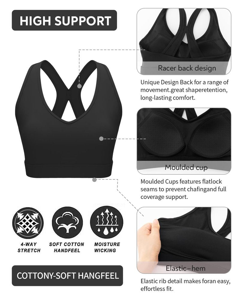 RUNNING GIRL Sports Bras for Women High Support,High Impact V Neck Molded Cup Black Sports Bra Running Workout Bra with Sewn in Pads(WX3160_Black_XL)