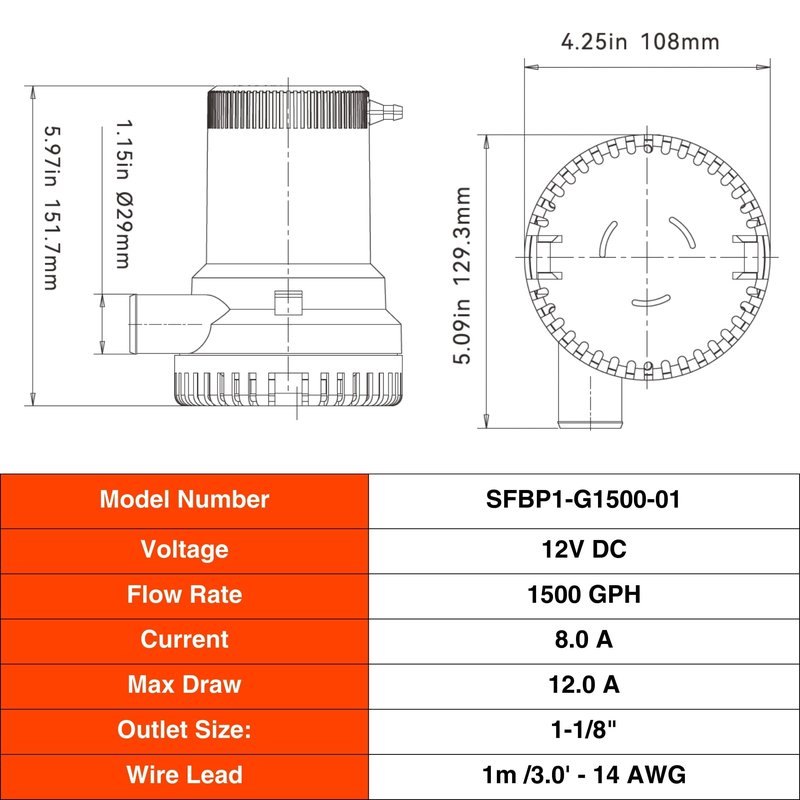 SEAFLO 01 Series 1500 GPH Bilge Pump – 12V, 1-1/8" Outlet, Marine Submersible Pump with Anti-Airlock Protection, CE & Rohs Certified, 4-Year Warranty | Reliable for Boats and Marine Applications