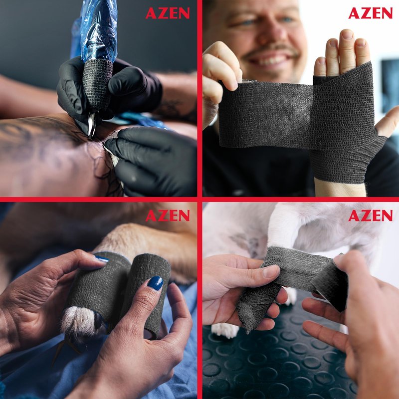 AZEN 16 Pack Self Adhesive Bandage Wrap Black, 2" X 5 Yards Black Athletic Tape, Vet Wrap, Tattoo Grip Tape Wrap,Ankle Tape, Cohesive Bandage Wrap