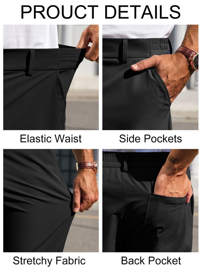 Runcati Mens Stretch Golf Pants Casual Slim Fit Dress Pants Elastic Waist Tapered Work Cropped Trousers Black