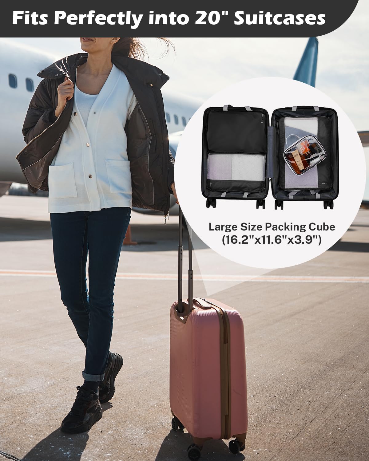 Gonex Expandable Mesh Packing Cubes - 8 Set Compression Organizer for Travel Essentials with Toiletry, Laundry, Shoe & Cable Bags - Black