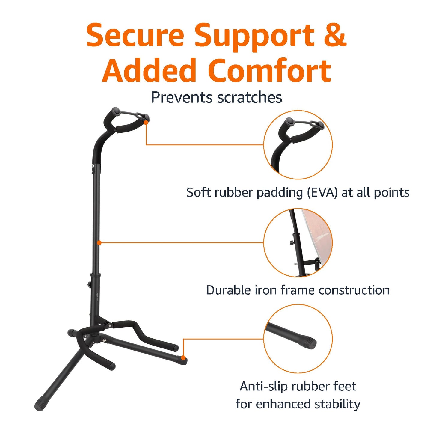 Amazon Basics Height Adjustable Foldable Guitar Stand with Secure Support for Acoustic, Electric, Bass and Banjos, Sturdy, Black