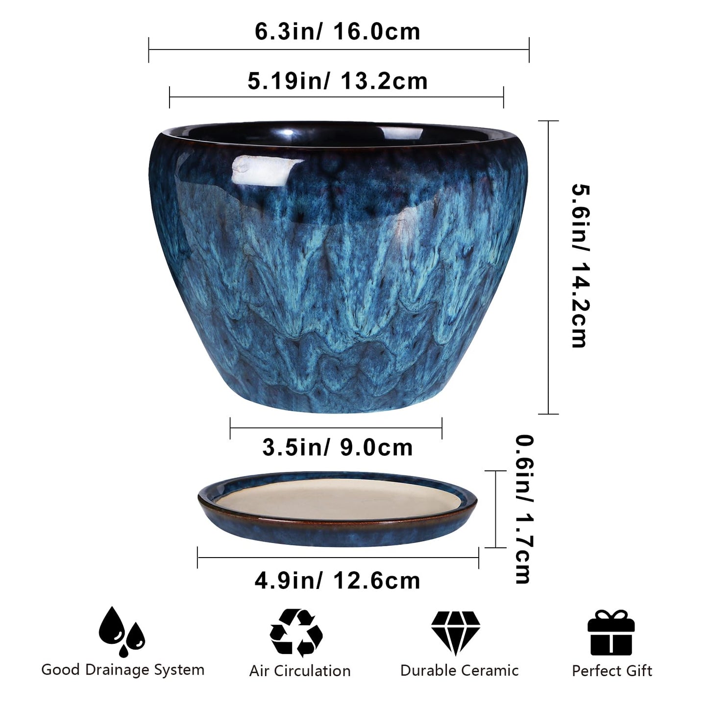 Ceramic Modern Glaze Succulent Planter Pot with Drainage Hole and Saucer 6 Inch Round Flower Plant Pot for Indoor Outdoor Herb Snake Plants