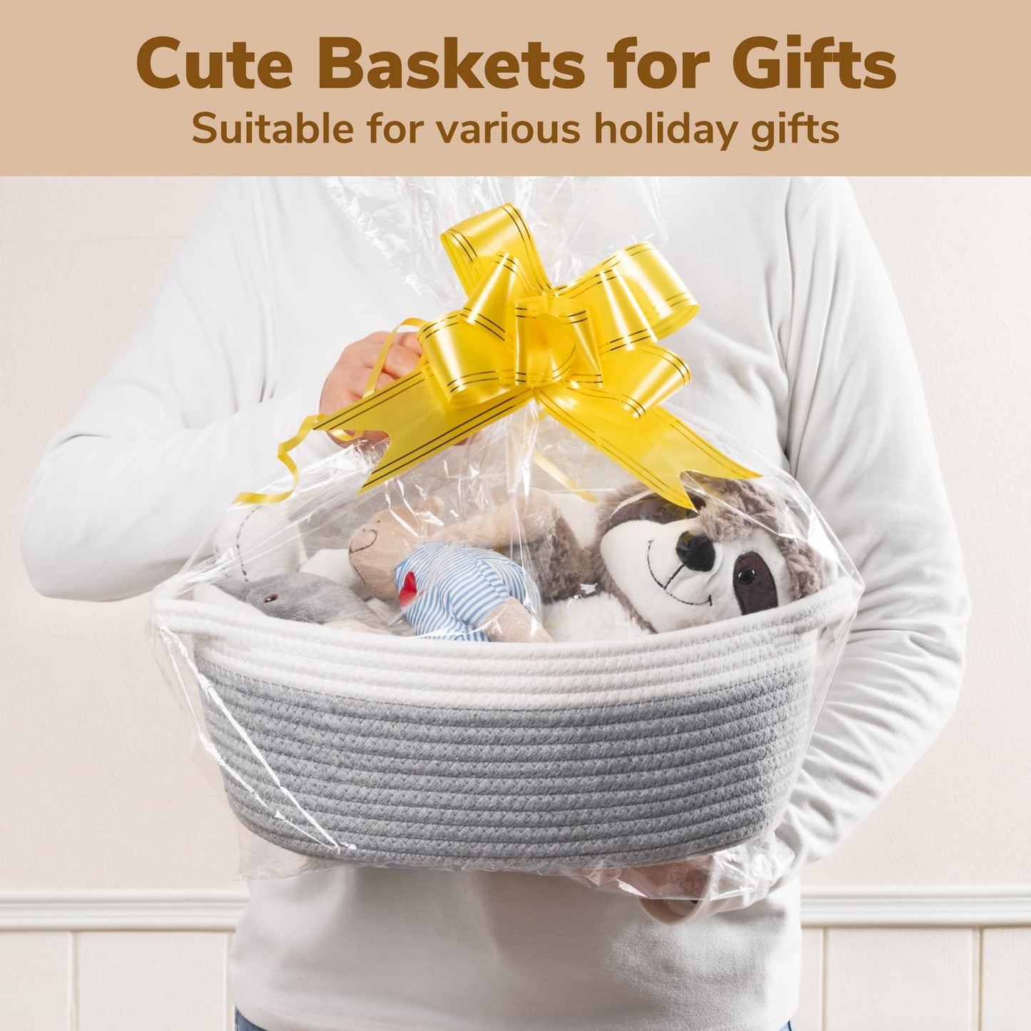 Goodpick Small Woven Storage Basket with Handles, Cotton Rope Baskets for Gifts Empty, Dog Toys, Diapers, Towels, Easter Baskets for Kids, 12" x 8" x 5", Gray