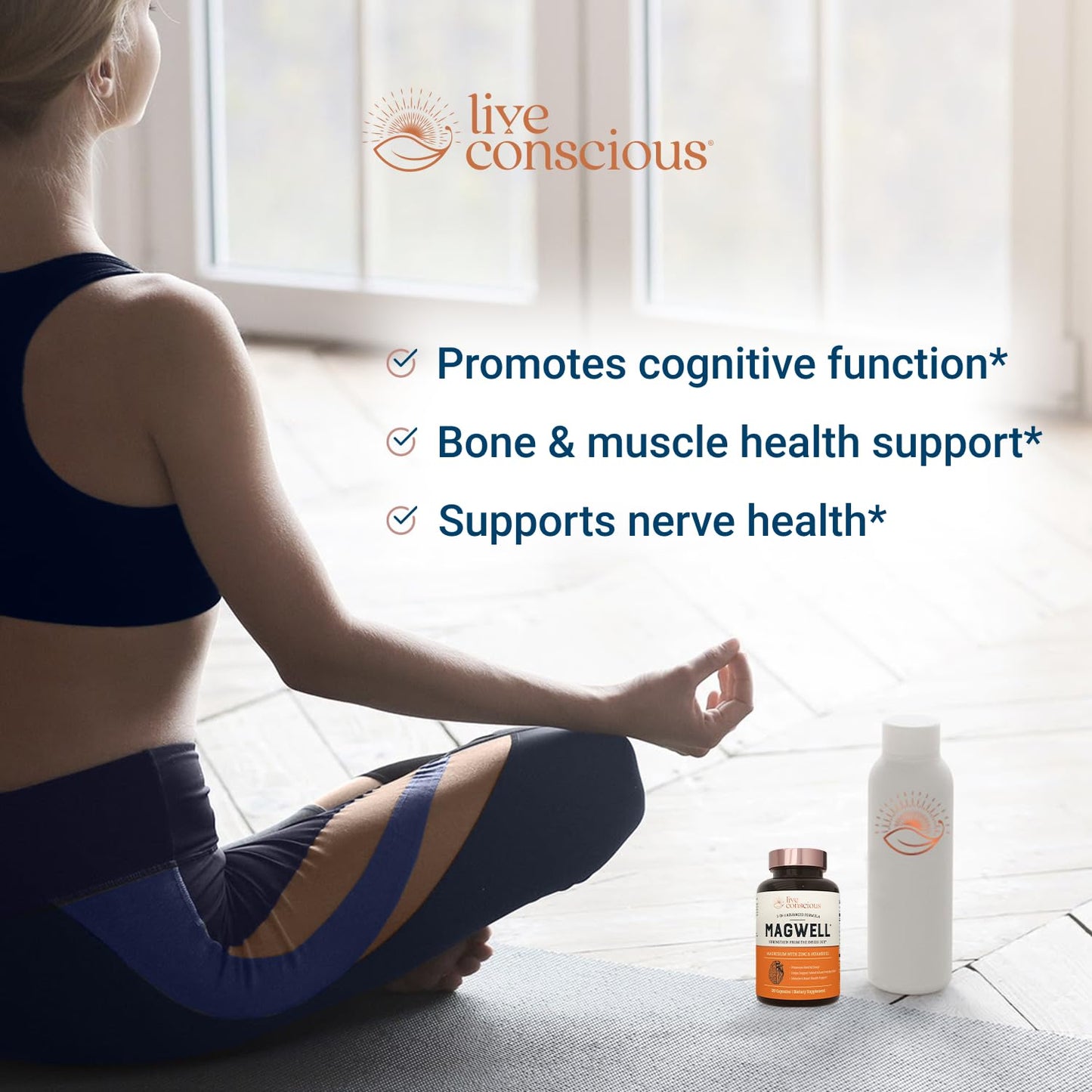 Live Conscious MagWell Magnesium Supplement with Zinc & D3 - Complex with Bisglycinate, Citrate, Malate - High Strength for Sleep - 120 Capsules