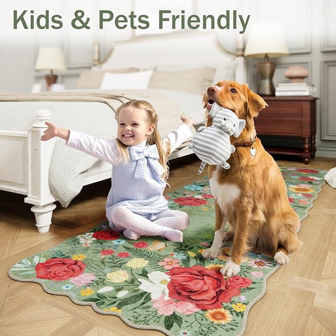 Washable Entryway Small Area Rugs: Door Mat Indoor Entrance 3x5 Floral Rug Ultra Thin Stain Resistant Non Slip Low Pile Lightweight Carpet for Kitchen, Front Door, Kids Room Decor (Green)