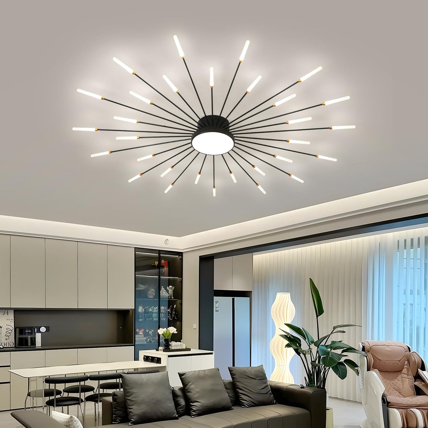 JAYMP Ceiling Light Modern Flower Shape Ceiling Lamp for Living Room Dining Room Flush Mount Metal Acrylic Sputnik Firework Petal LED Lighting Fixture (Matte Black, 30+1 Lights)