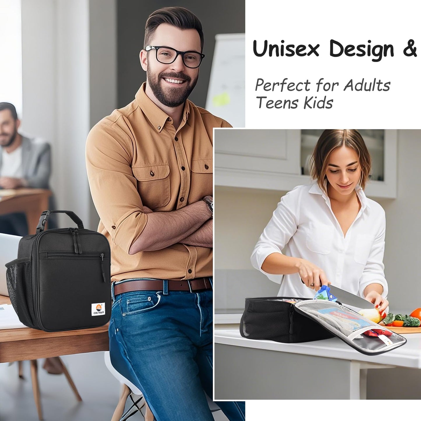 CaCTOUR Lunch Box for Men Women Adult,Premium Insulated Lunch Bag,Portable Small LunchBox for School Work Picnic (Black)