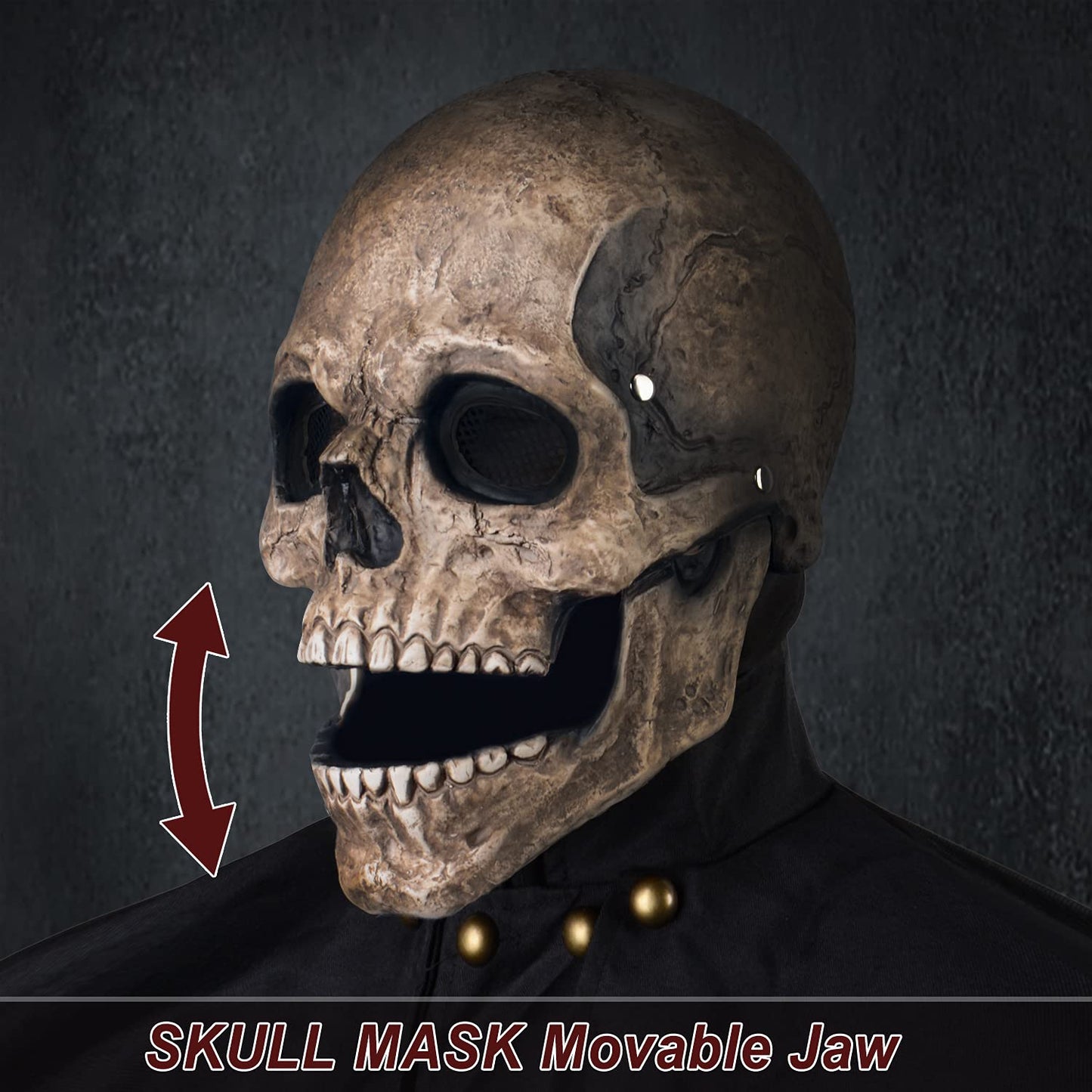 RRANYF Creepy Halloween Full Head Skull Mask with Movable Jaw, Adult Entire Head Realistic Latex Helmet, Scary Skeleton Headgear (Yellow Human Skull Mask)