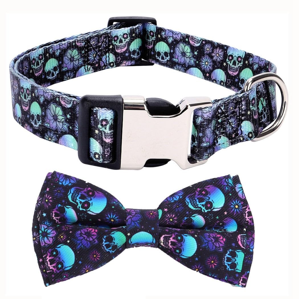 Skull Dog Collars for Small Dogs with Bow Tie, Cool Goth Bowtie Boy Puppy Collar Funny Halloween Dog Collars for Xs Small Medium Large Breed Pet Male Dogs Cats Gift, S
