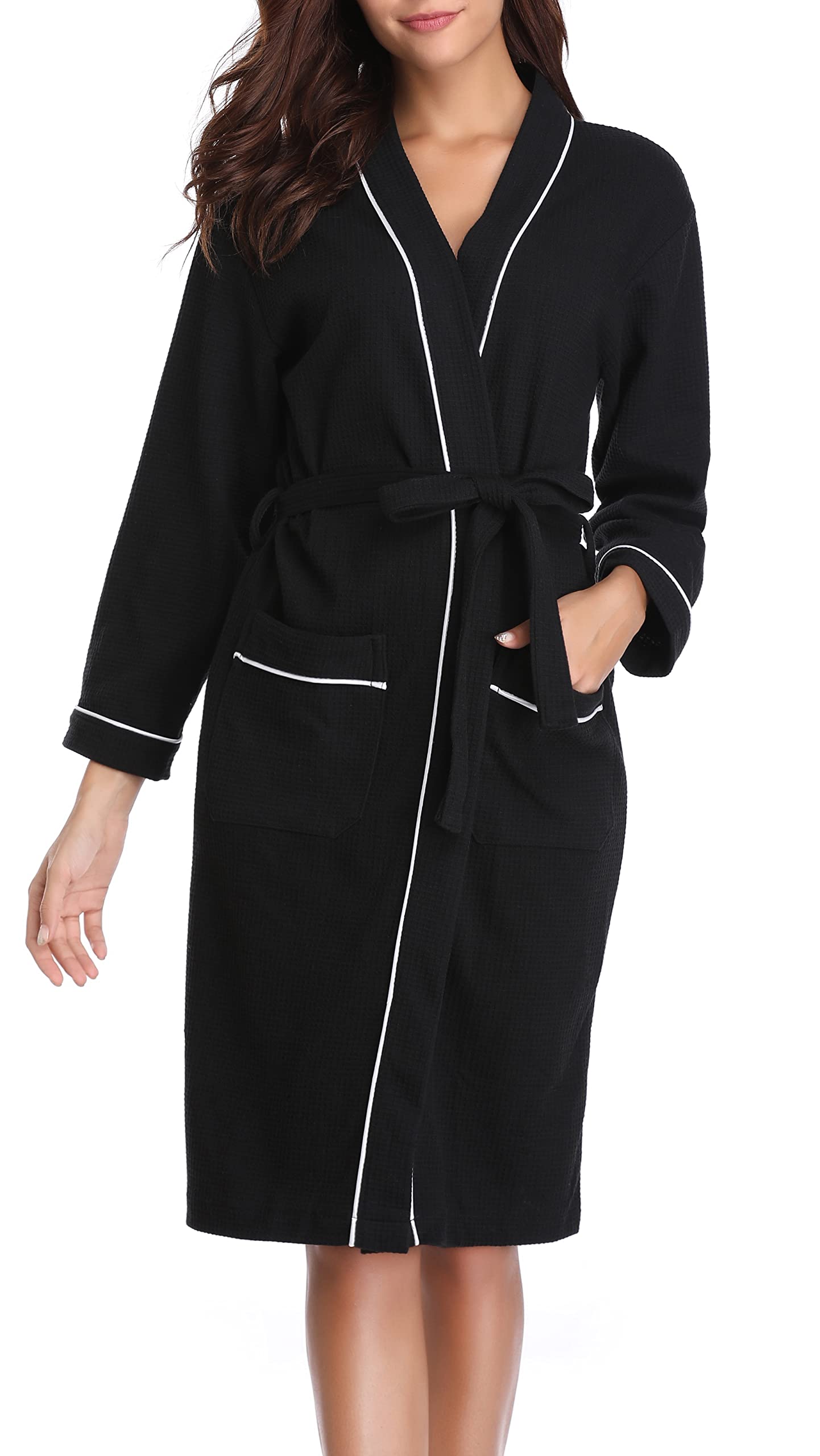 Vlazom Waffle Dressing Gowns Unisex Kimono Robe Cotton Lightweight Bathrobe for All Seasons Spa Hotel Sleepwear, Black-style a, L