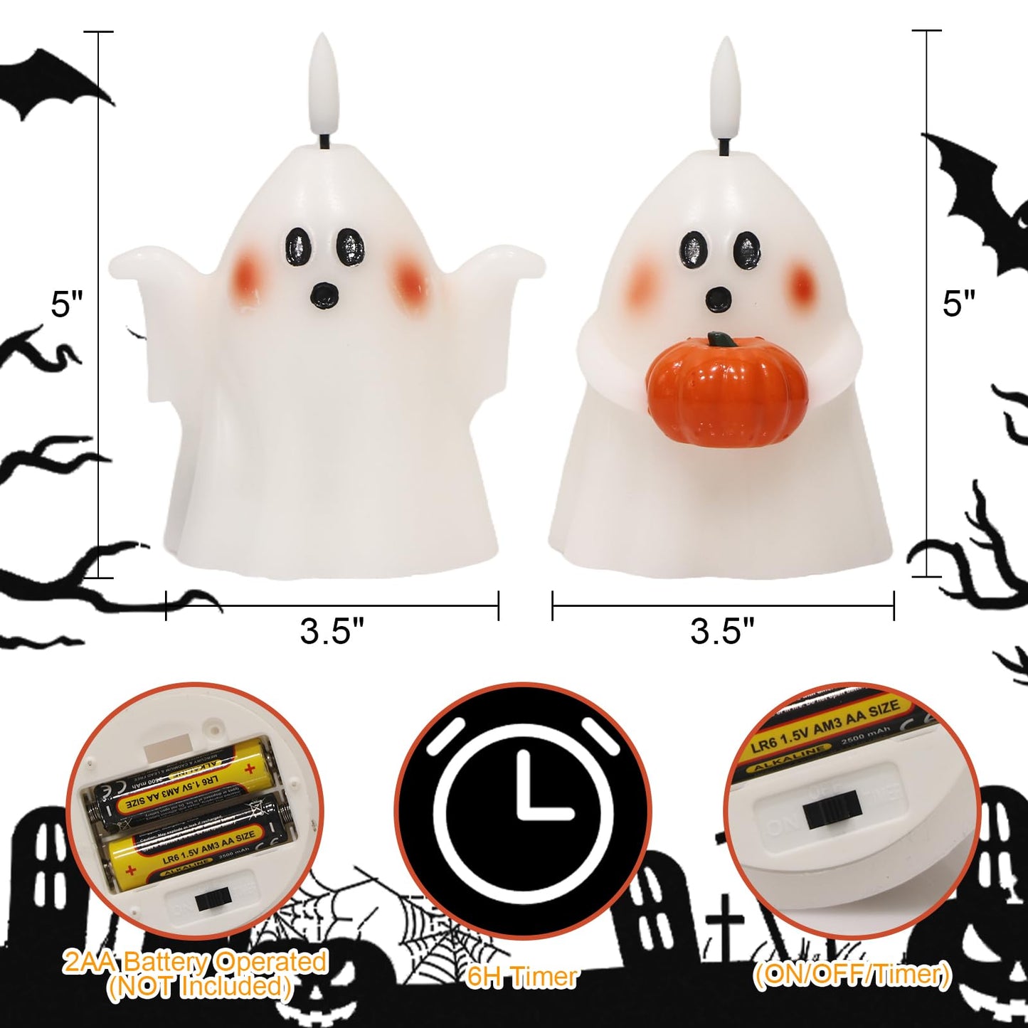 Eldnacele Halloween Ghost Flickering Flameless Candles with 6 Hour Timer, Battery Operated Tea Lights White Spooky Ghost Lights Wax Candles Indoor Fireplace Holiday Decorations Gifts(2Pcs, D3.5×H5)