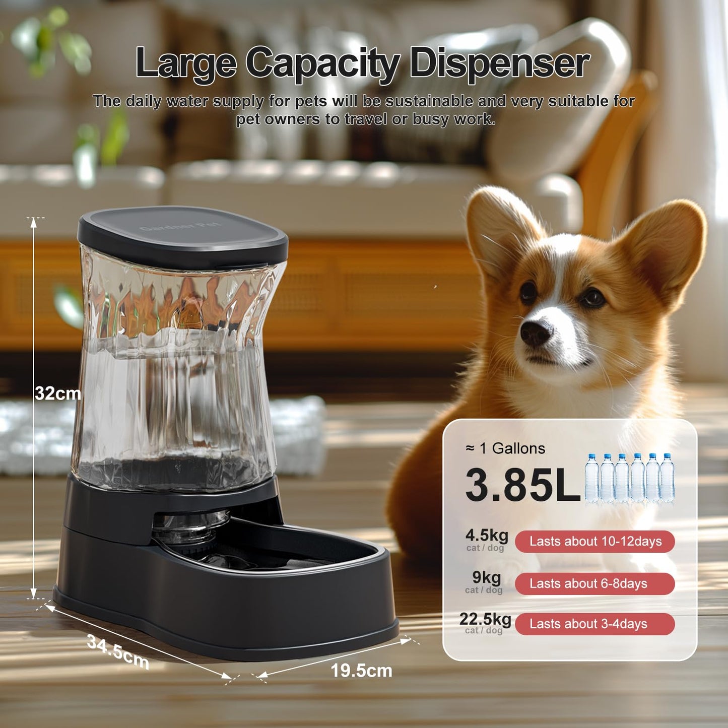 Gardner Pet 3.85L Pet Water Dispenser, Cat Bowls with Stainless Steel Bowl, Gravity Dog Water Dispenser, 100% BPA-Free Automatic Cat Feeder, Feeding Station for Medium & Large-Sized Pets, Dark Grey