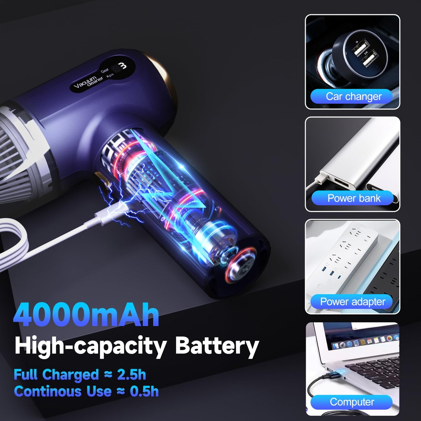 Handheld Car Vacuum Cleaner, 15KPa Mini Cordless 4000mAh Vacuum Cleaner with LED Light, Digital Display & 3 Speeds, 80W High Power 3-in-1 Portable Vacuum with 7 Nozzles, for Car, Home, Office, Pet