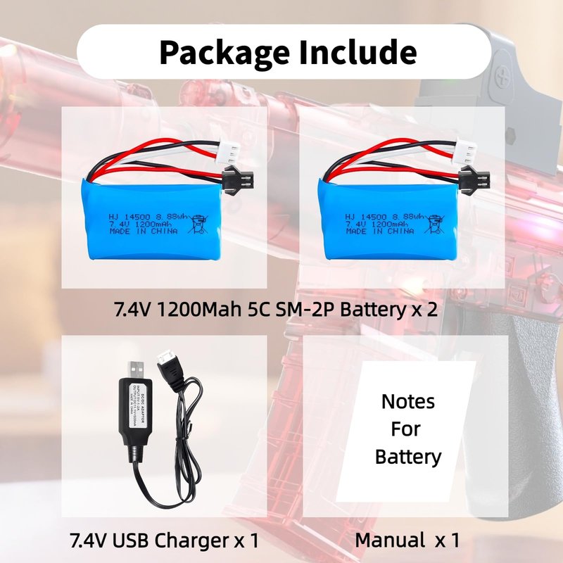 Itexkun 2 pcs 7.4V 1200mAh 5C Li-on Battery SM-2P Plug for Airsoft Gun Water Ball Gun Battery Gel Blaster