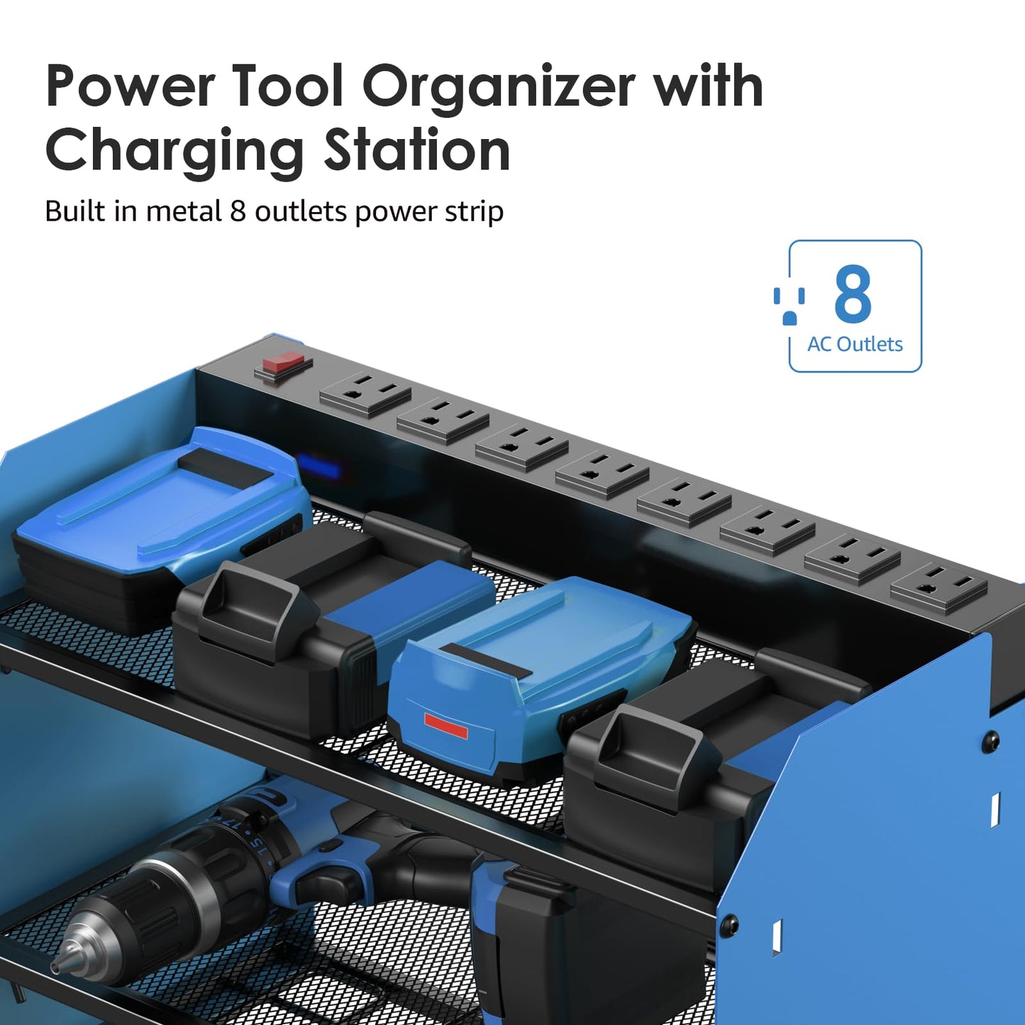 CCCEI Modular Power Tool Organizer Wall Mount with Charging Station. Garage 4 Drill Storage Shelf with Hooks, Screwdriver, Drill Bit Heavy Duty Rack, Tool Battery Holder Built in 8 Outlet Power Strip.