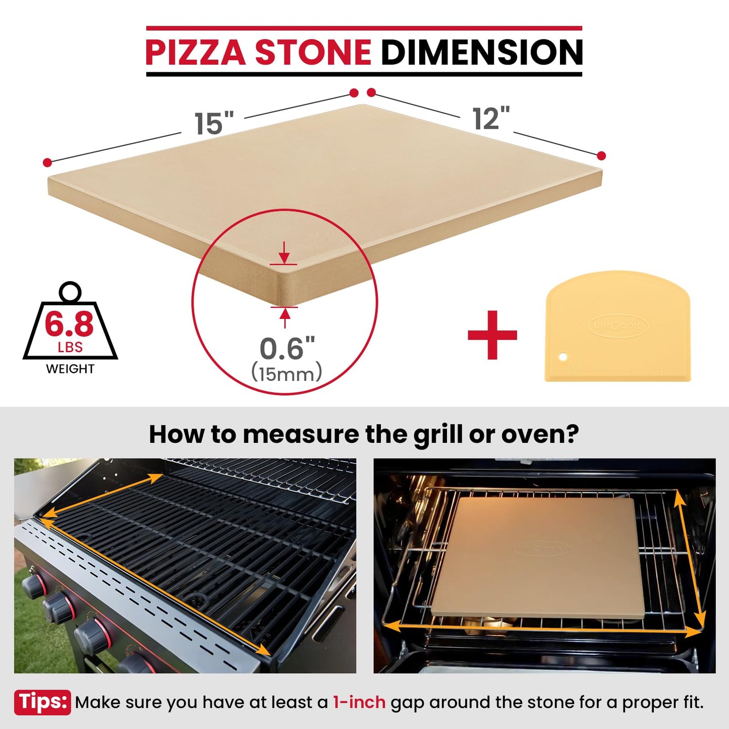 Unicook Pizza Stone, Cordierite Baking Stone for Oven and BBQ, Grilling Pizza Plate, Ideal for Making Bread, Cookies and More, Thermal Shock Resistant, Durable and Safe, Rectangular, 38 x 30 cm